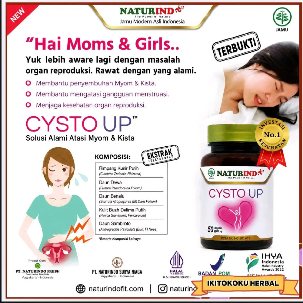 Naturindo Herbal CYSTO UP 50 kapsul @ 400 mg –  Solusi Alami untuk Myom & Kista 50 Kapsul 400 mg Anti Oksidan Meningkatkan Imunitas – halal – POM TR. 143 380 411