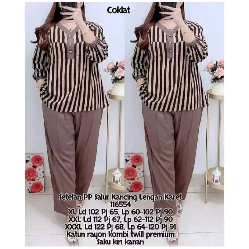 PROMO TERBARU DAN TERMURAH setelan wanita kekinian dari bahan catton Baju Celana Katun Panjang Tebal Mewah Motif Kancing Nyaman Cantik