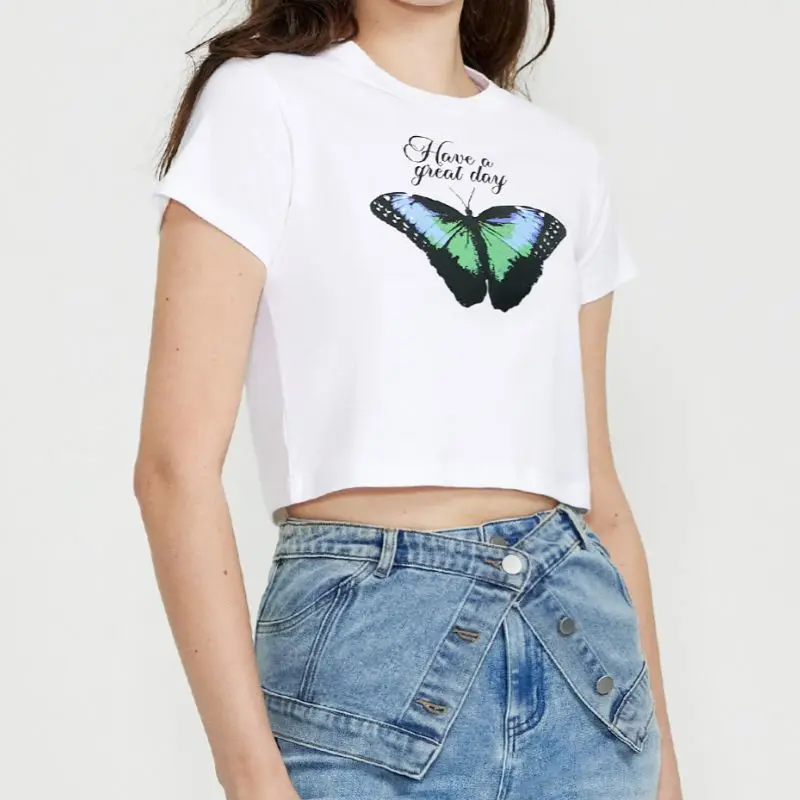 T-shirt Women Summer Cotton Round Neck Short Short-sleeved Butterfly Print Top