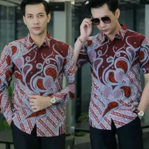 DINIE'STORE-TERBARU-KEMEJA BATIK PEKALONGAN PRIA MURAH MEWAH LENGAN PANJANG MOTIF MULYO BURGUNDY-K006 Kerah Keren Nyaman Semi