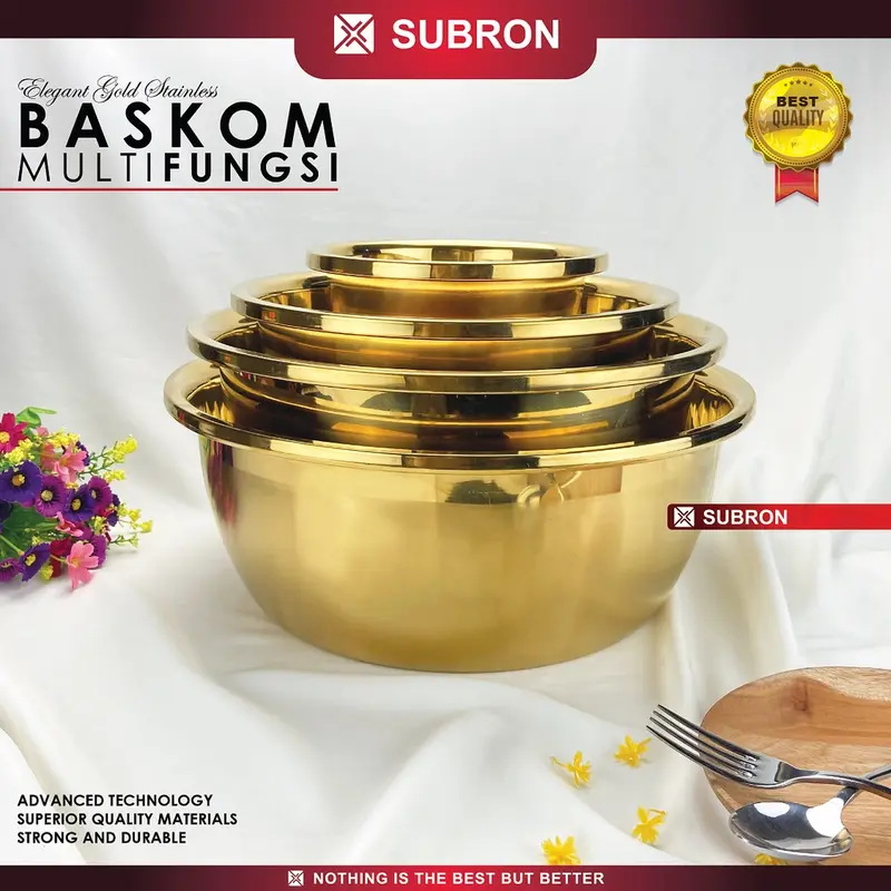 SUBRON Baskom Stainless Gold 24cm Tinggi Tebal Emas Multi Fungsi Wadah Sayur Cuci Daging Kilap Doff Steel 2