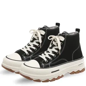 CINTAFERINA Sepatu Boots wanita kasual Jimin Kanvas 5cm Hitam Putih Shoes run star hike