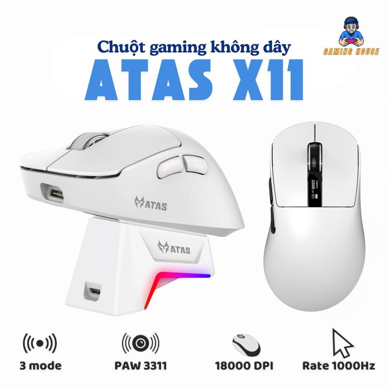 Chuột gaming không dây ATAS X11 PRo  - 3 chế độ kết nối - Mắt đọc PAW3311 -  Hỗ trợ App macro - Dock sạc - Màn hình TFT