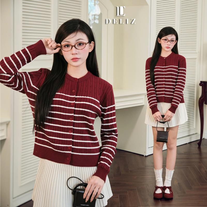   MỞ BÁN  DELIZ - Áo cardigan len dài tay kẻ ngang vặn thừng cổ tròn chất dày  cao cấp CD106 