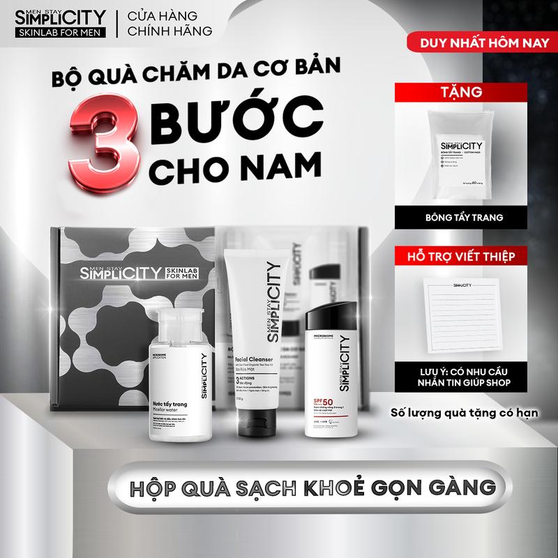 Bộ quà tặng cho nam 3 bước skincare cơ bản Men Stay Simplicity Protect trio Gift Set gồm: Sữa rửa mặt 100g, Nước tẩy trang 200ml, Kem chống nắng 80ml