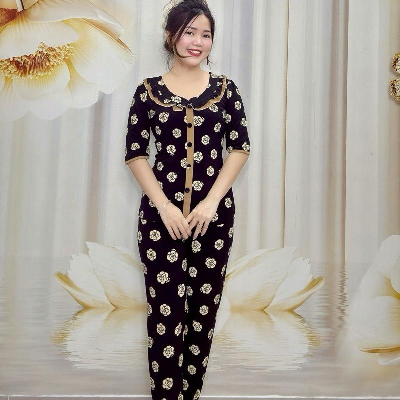 B12 Đồ bộ nữ thun tơ hoa hoạ tiết bông hồng, cổ lá sen bèo tầng thương hiệu Hải Sơn