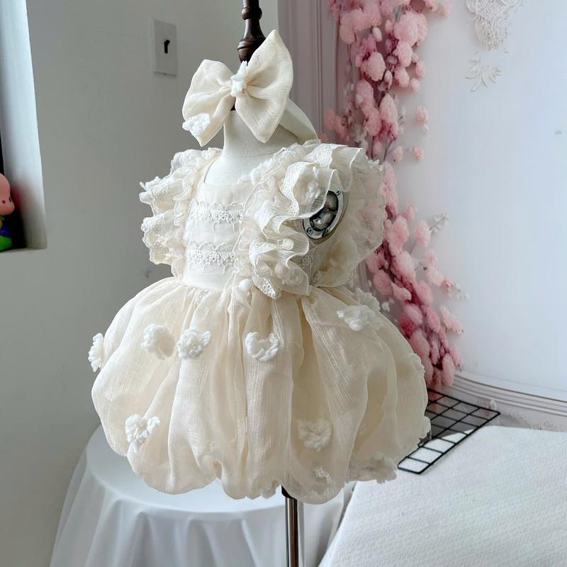 Body Váy Bí Cánh Tiên Đính Hoa Nổi Màu Kem Kèm Tuban 3-12 Kg,Đồ Liền Thân Cho Bé Gái Đầy Tháng Sinh Nhật Chất Tơ Thêu