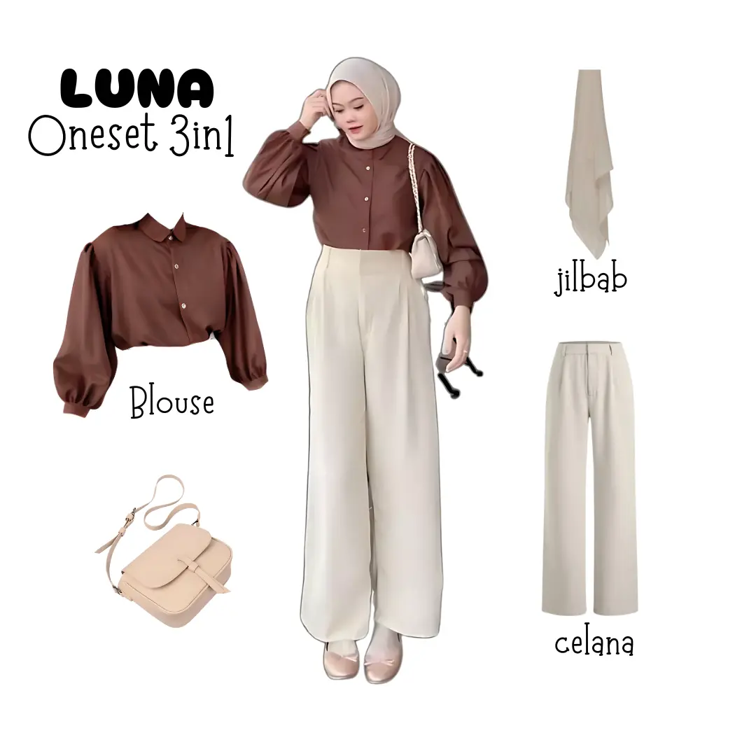 One set 3in1 baju kemeja blouse kerah celana kulot highwaist jilbab bella | ootd outfit wanita anak perempuan cewek kerja kantor kuliah kampus hangout kekinian korean style HK124