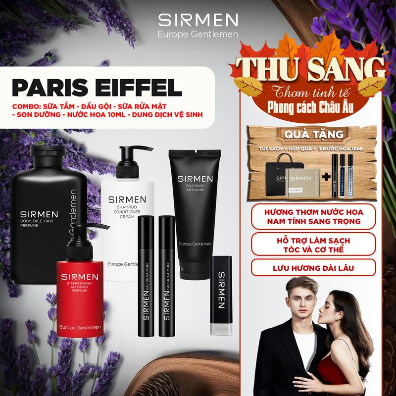 Bộ quà tặng cho nam PARIS EIFFEL - Gồm Sữa tắm, Dầu gội, Dung dịch vệ sinh, Gel rửa mặt,Son Dưỡng và Nước hoa nam 10ml SIRMEN | TẶNG TÚI XÁCH & NƯỚC HOA 10ML