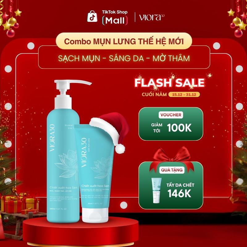   MUA 1 TẶNG 1  Combo Sữa Tắm & Kem Mụn Lưng Viora 30 Thế Hệ Mới - "Say Bye" Mụn Lưng Da Sáng Khỏe Mờ Thâm Mụn - Tặng 1 tẩy da chết Viora 30 