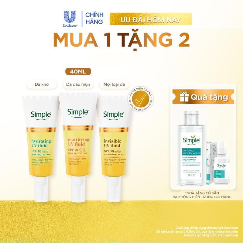 [1] Bộ 3 Simple - Sữa chống nắng Simple UV Fluid 40ml + Nước tẩy trang Simple 100ml + Serum Simple 10ml Purify+ Kiềm Dầu, Giảm Mụn