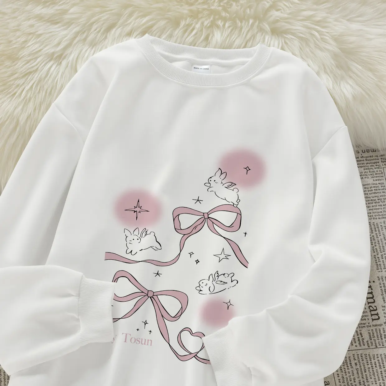 I000940 Hoodie wanita sweater hoodie leher bulat wanita / cetakan kelinci yang lucu / sweater gaya kebesaran kasual modis  crewneck cewek aesthetic