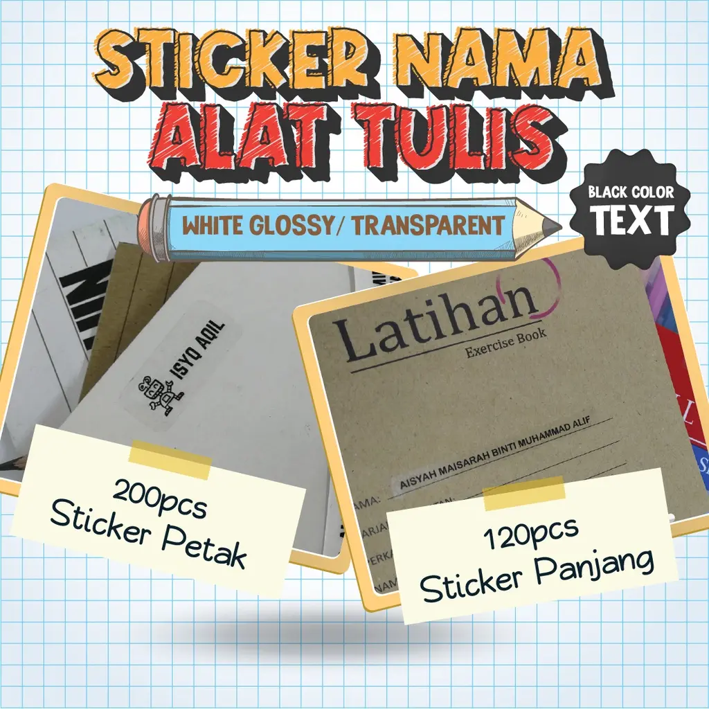 STICKER NAMA ALAT TULIS (BLACK INK) - TRANSPARENT ATAU WHITE GLOSSY (120/200PCS)