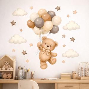 Calcomanías de pared Boho Bear Balloon Clouds — decoración de guardería con oso nebulosa — autoadhesivas, decoración del hogar estilo occidental para habitaciones y dormitorios infantiles