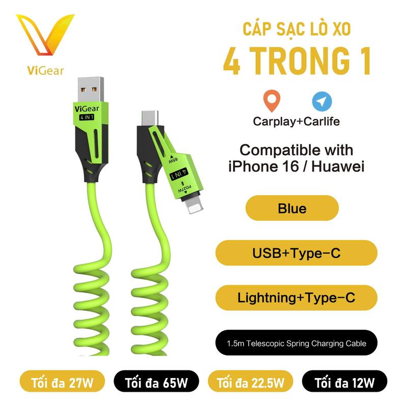 Cáp Sạc Lò Xo Đa Năng 4 Trong 1 ViGear Siêu Tiện Lợi, Kéo Dài 1.5m, Sạc Nhanh Chuẩn PD C-L 27W, C-C 65W dành cho điện thoại, iPad,...