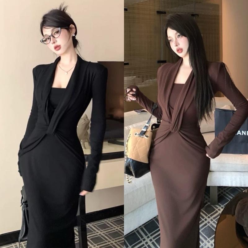  VÁY BODY HAI MÓN S108 CỔ XOẮN KÈM ÁO ỐNG  TAY DÀI   Đầm body tiệc thun ladong tay dài thu đông  form suông   SIMIHOUSE   