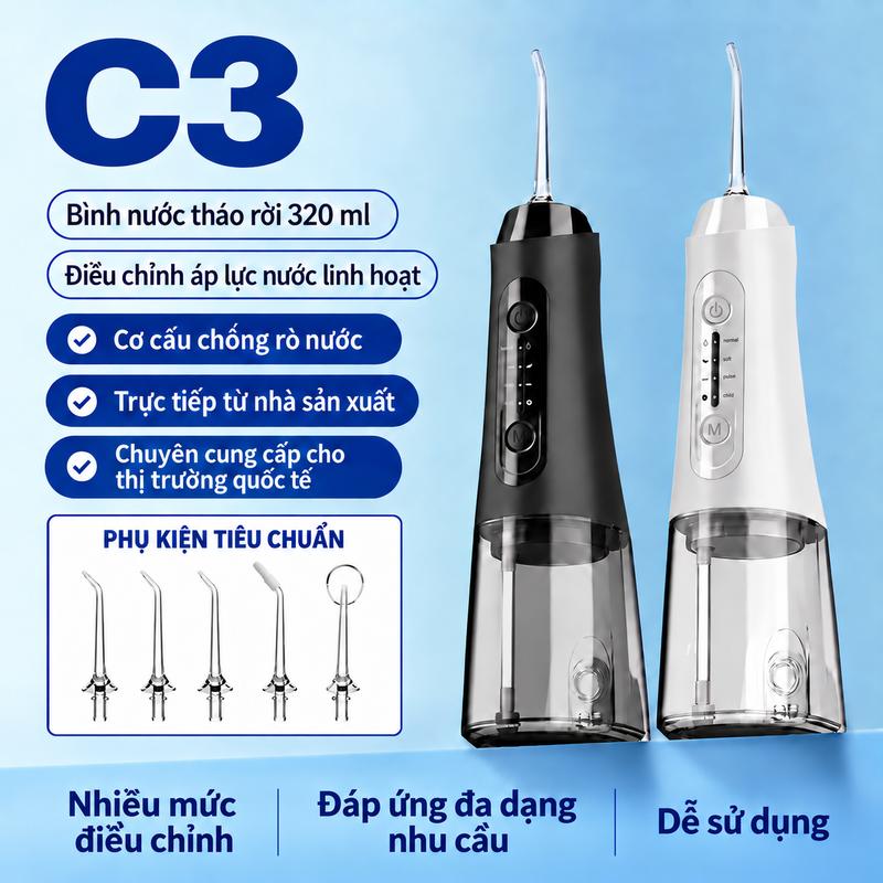 Máy Tăm Nước C3 Cầm Tay, Bình Nước Tháo Rời 320ml, Điều Chỉnh Áp Lực Nước, Làm Sạch Kẽ Răng, Dễ Sử Dụng