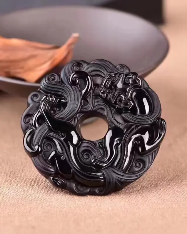 Shilong peace buckle, natural frosted obsidian pendants, specifications: 45 mmx8mm.