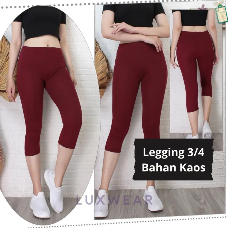 LEGGING WANITA 3/4 BAHAN KAOS TEBAL Fit Lembut Celana Legging Polos nyaman Lembut Stretch Rayon Standar Legging  Pendek  Dewasa Hitam Dalaman Non Motif 0