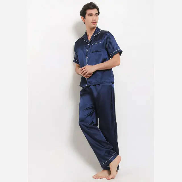 Anne Wintours Pyjama Pijama Baju Tidur Satin Silk Short Sleeve Long Pants Sleepwear Pria 3