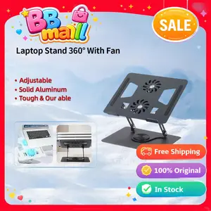 Laptop Stand Aluminium 360° Rotatable + Dual Cooling Fan Bisa Dilipat Portable, Anti Slip, Untuk Laptop 10-17.3 inch, Dudukan Notebook Meja yang Ergonomis​