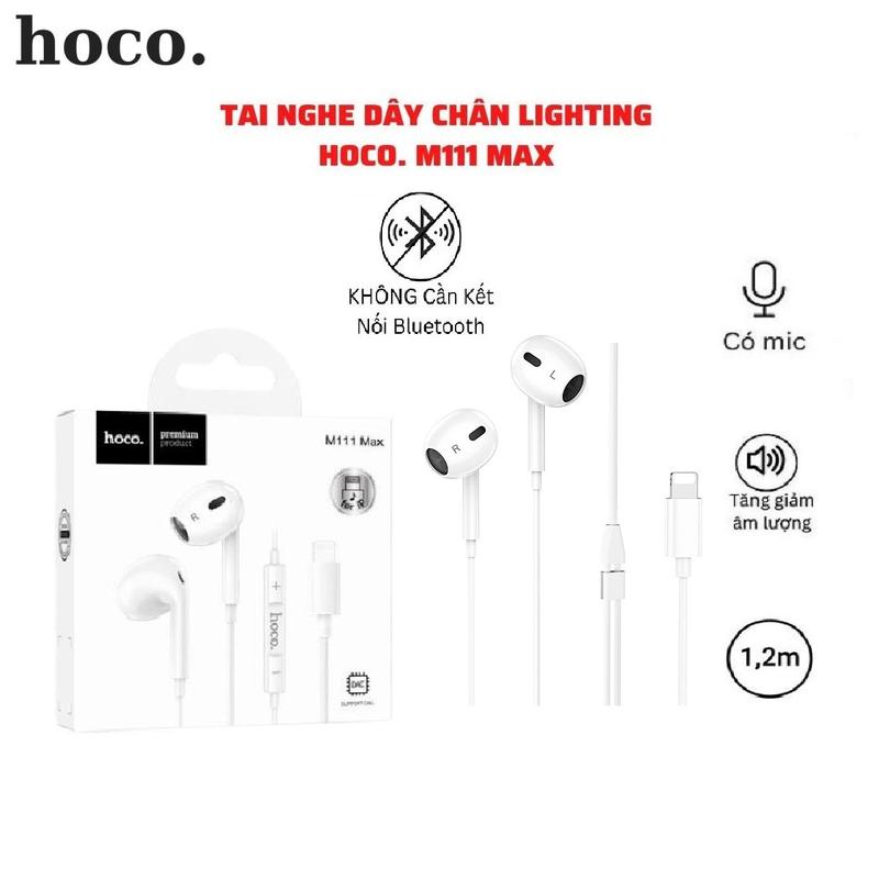 Tai Nghe Dây Chân Lighting cho Ai Phôn Chính Hãng Hoco. M111 Max Không bị Delay, Hỗ trợ Nghe Gọi Mic đầy đủ, cắm dùng trực tiếp Không Cần Kết Nối Bluetooth - Bảo hành 12 Tháng Lỗi 1 đổi 1