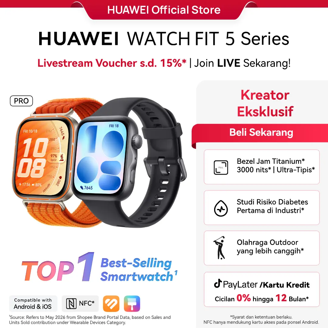 【Kreator Eksklusif】HUAWEI WATCH FIT 5 Series | Titanium* | Studi Risiko Diabetes & ECG* | Olahraga Outdoor Tingkat Lanjut*