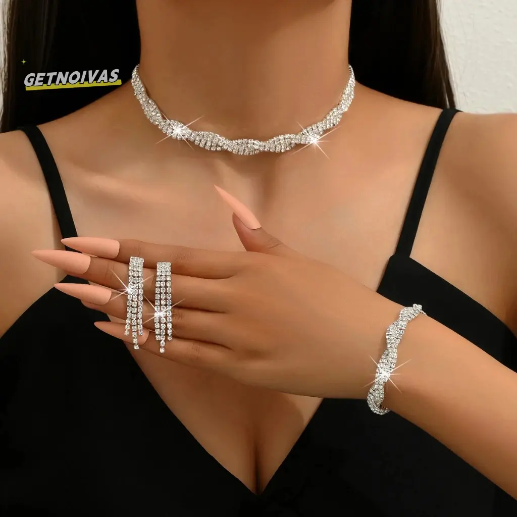 3SET Wanita Gantung Kalung Anting-anting Gelang Set Berkilau Penuh Rhinestone Ornamen Pesta Makan Malam Set untuk Gaun Perjamuan Gaun Ulang Tahun Rok