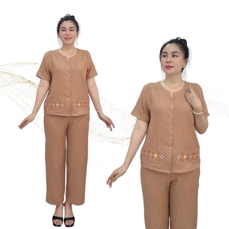 Y42 Đồ Bộ Trung Niên Chất Đũi Vân Mây Quần Dài Tay Ngắn Họa Tiết Thêu Nút Cài Thật Mặc Thoải Mái Ở Nhà Hay Đi Chơi Women Nữ