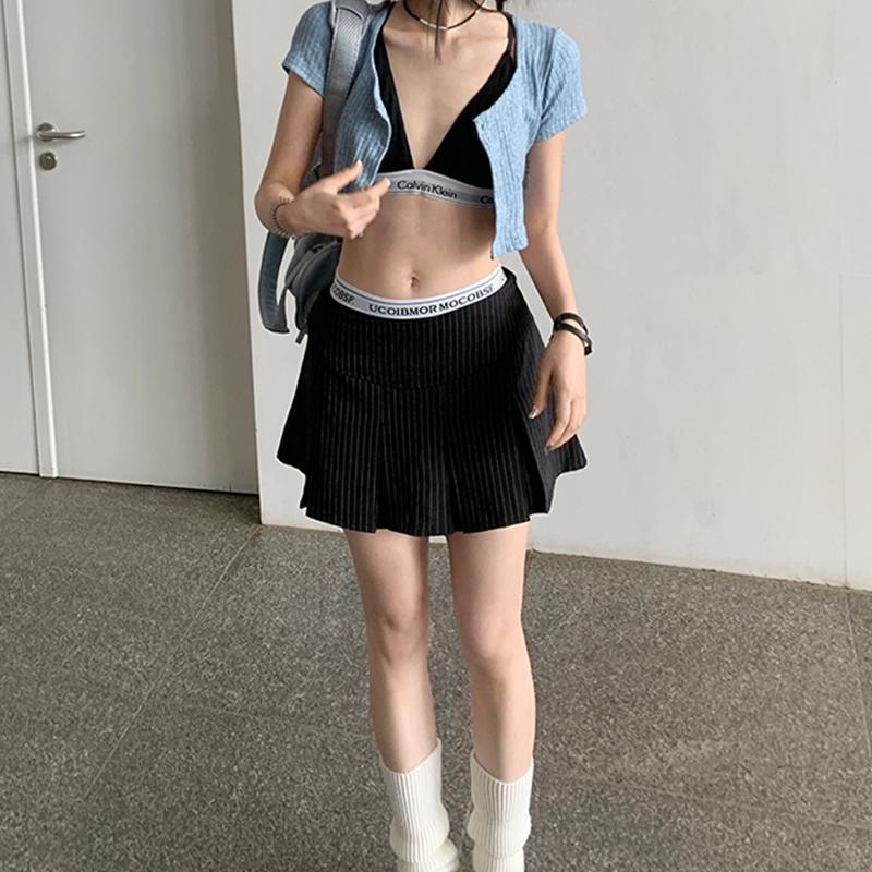 Rok lipit retro Amerika Rok garis-garis wanita ala Korea Pendek Casual Shakila Baju Dewasa Panjang Hitam Katun 3