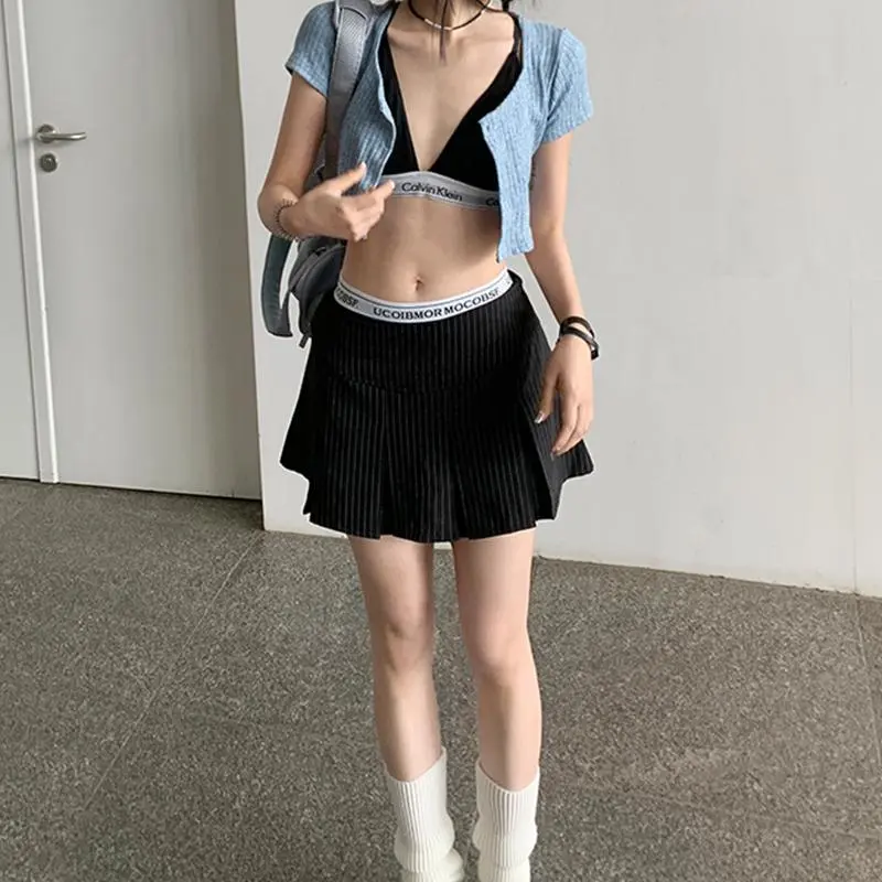 Rok lipit retro Amerika Rok garis-garis wanita ala Korea Pendek Casual Shakila Baju Dewasa Panjang Hitam Katun 2