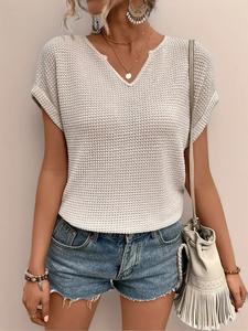 Women's Plain Notched Neck Roll Up Sleeve Tee, Casual Minimalist Short Sleeve T-Shirt for Summer, Ladies Clothes for Daily Wear, Streetwear