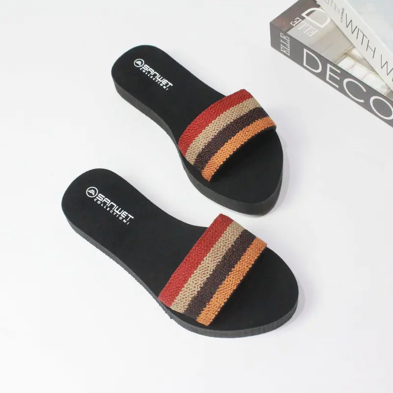 Sandal Flat Wanita Dewasa Selop Rajut Kombinasi Tanpa Hak Terbaru 6