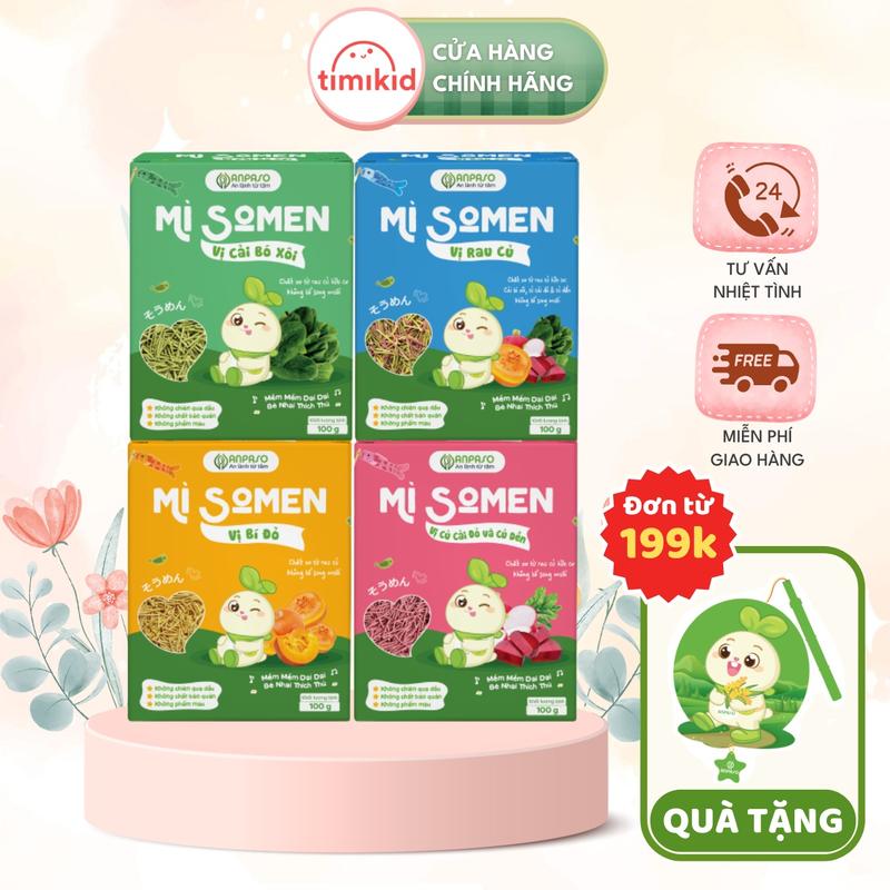 Mì Somen Ăn Dặm ANPASO Cho Bé Từ 6 Tháng Vị Rau Củ, Cải Bó Xôi, Củ Cải Đỏ Và Củ Dền, Bí Đỏ 100g