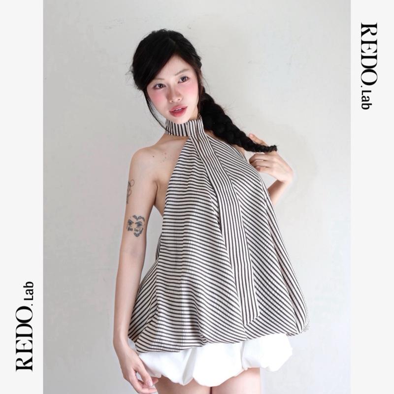 REDO.LAB - ÁO CỔ YẾM DÁNG BÍ PHỐI CAVAT DÁNG BÍ HỞ LƯNG HAI LỚP KẺ HOẠ TIẾT KẺ SỌC