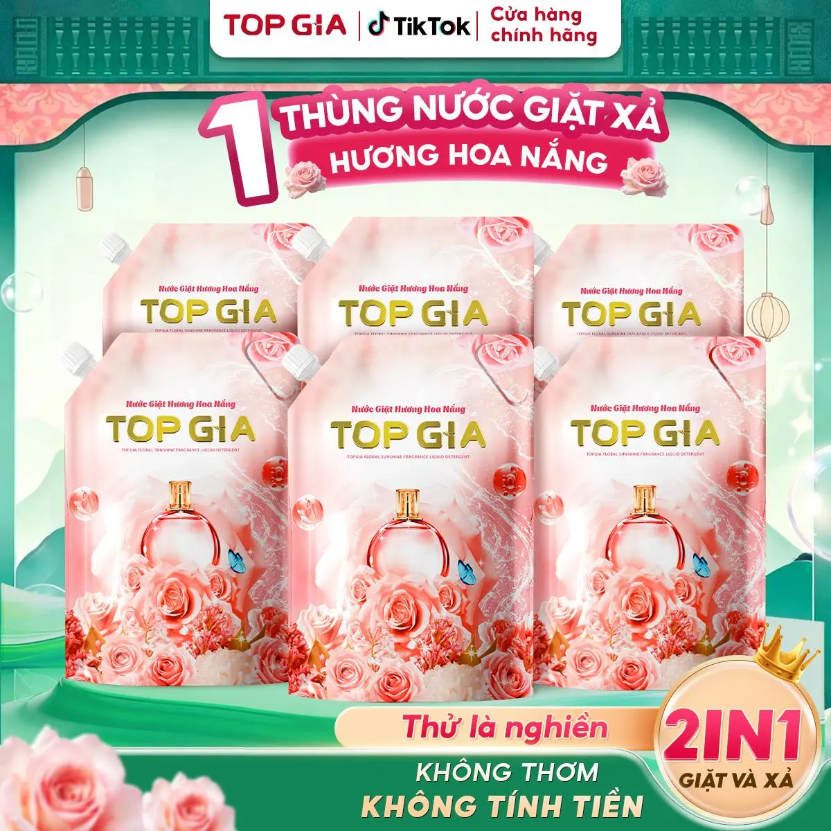 1 Thùng 6 TÚI 6000ML Nước Giặt Xả TopGia Hương Hoa hồng 3IN1- Nước giặt xả quần áo làm sạch, ngừa khuẩn, làm mềm vải và lưu hương dài lâu  1 Túi 1000ML [SẢN XUẤT TẠI VIỆT NAM] NƯỚC GIẶT HỒNG TDT