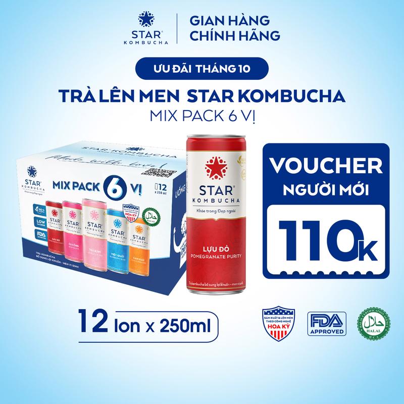 Thùng 12 lon trà lên men Star Kombucha mix vị (250ml/lon)