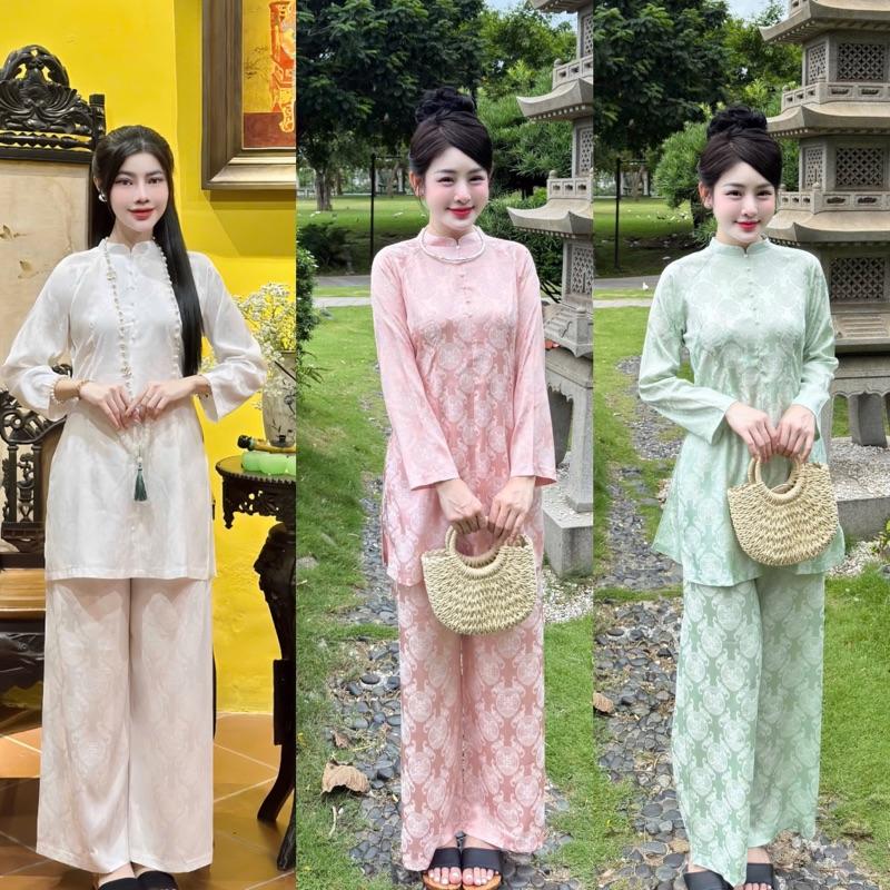 Tâm An Đồ Lam Đi Chùa Nữ - Bộ Áo Gấm Lót Hầu Cao Cấp Lụa Mát Mịn Không Nhăn Không Bai Giãn Không Phai Màu Hàng Đẹp