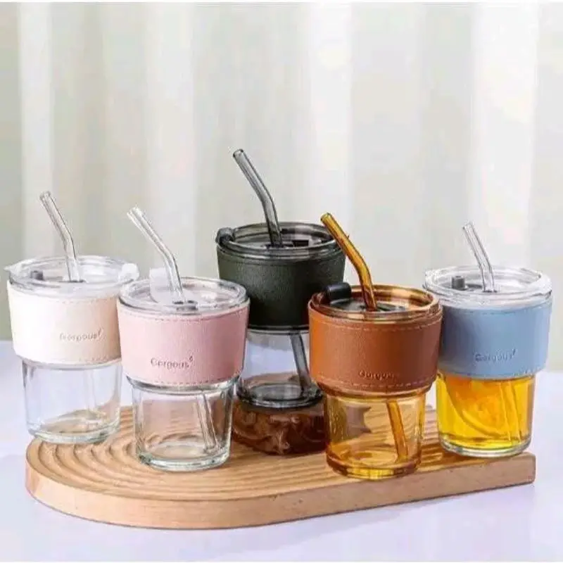 TUMBLER GELAS KACA AESTHETIC BOTTLE CUP SIMPLE 400ML FREE STRAW GLASS 3