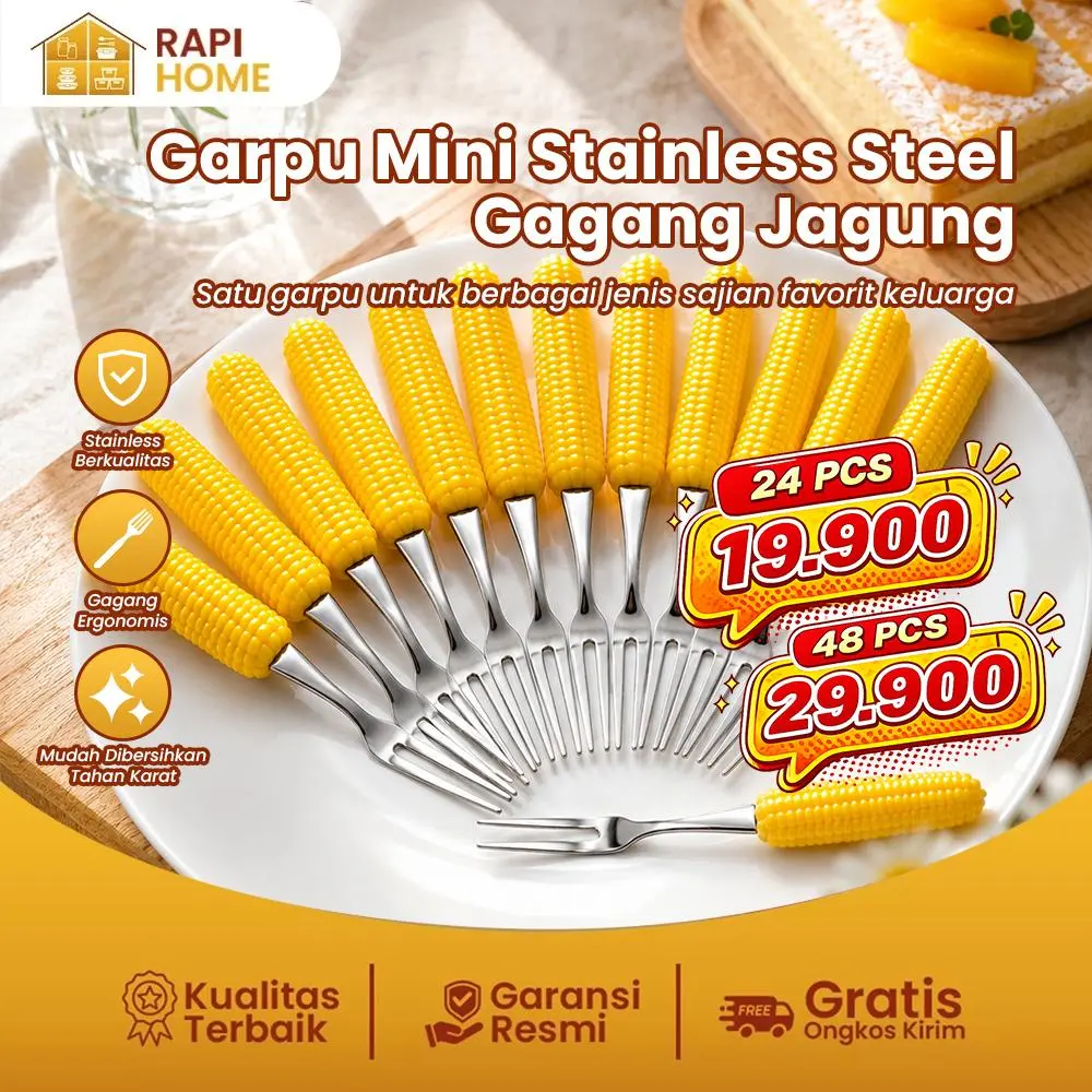 RAPI HOME Set 48 PCS Garpu Jagung Garpu Mini Stainless Steel | Garpu Buah dan Garpu Dessert dengan Gagang Plastik, Ringan, Awet, Praktis, Harga Terjangkau