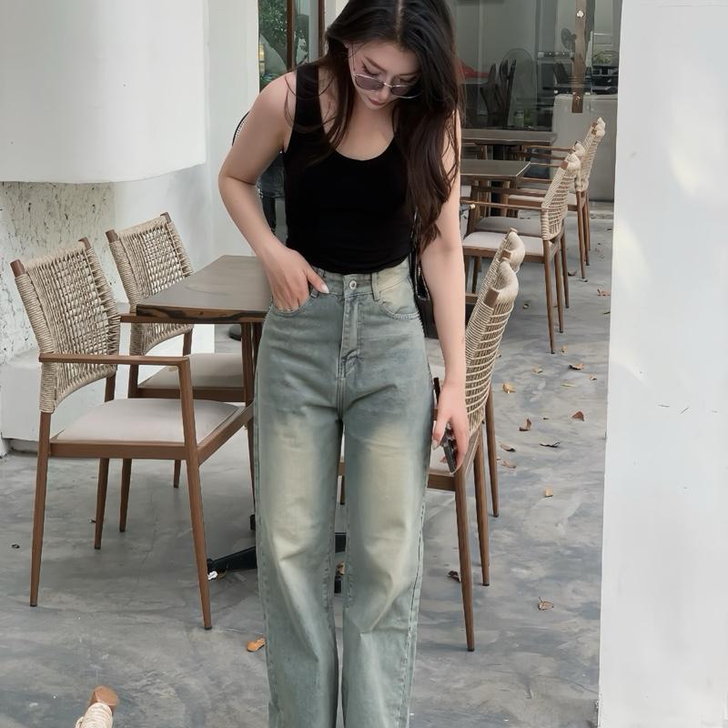  Quần Jeans Nữ Ống Rộng Form Suông Màu Xanh Rêu Phong Cách Retro Vải Cotton Mềm Mịn Thoáng Mát Size S M L XL Cạp Cao Che Khuyết Điểm 