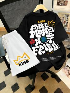メンズ 夏用2点セット：王冠ロゴプリントのラウンドネック半袖カジュアルTシャツ＋ウエストドローコード付きショーツ