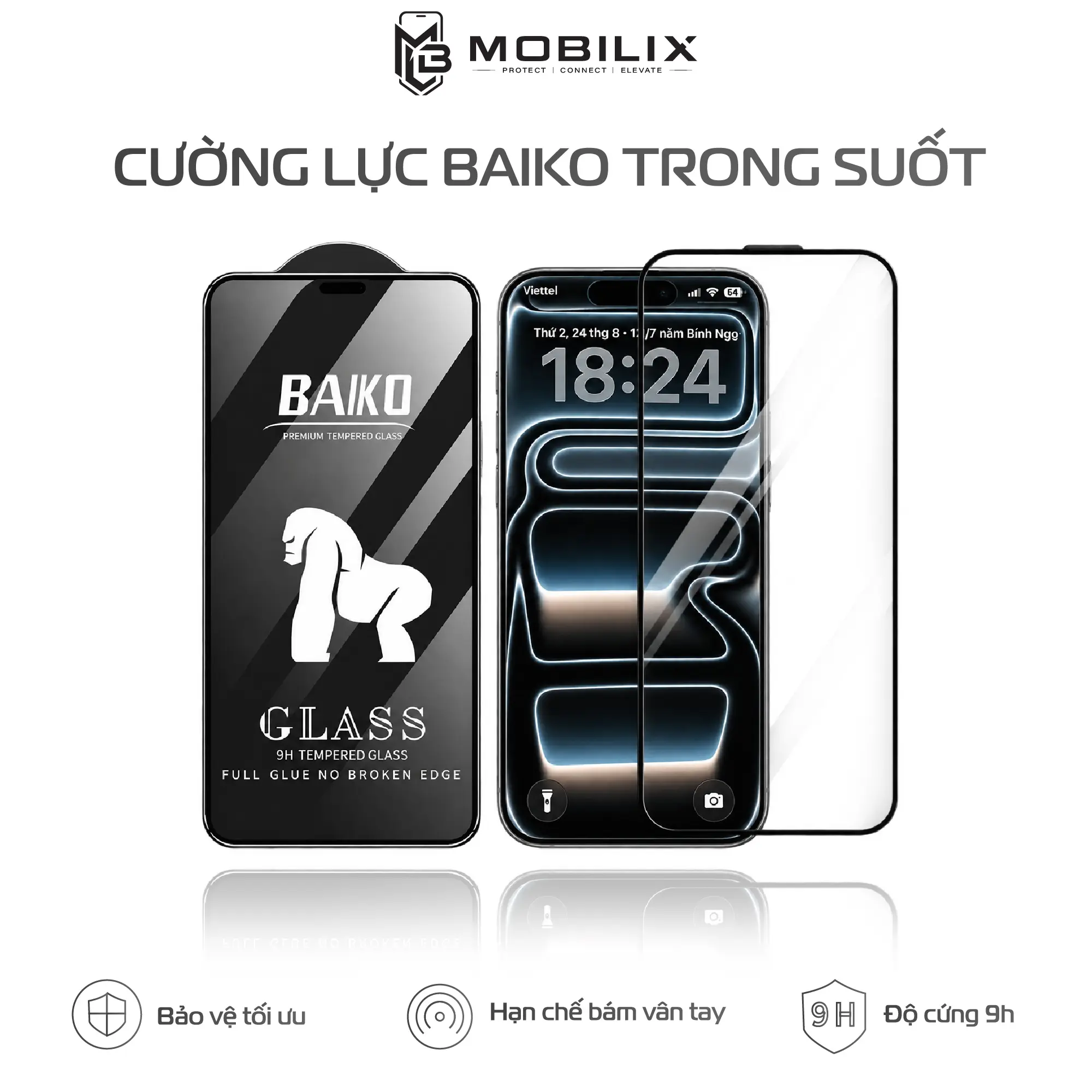 Kính Cường Lực iPhone Baiko - Phủ Nano Mượt Mịn Cường Lực 16 Promax 15 Promax 14 Promax 13 Promax 12 Promax 11 Promax X Xs max Xr 11 Pro 7 8 Plus, Full Màn, Màng Loa Thép,Phủ Nano , Độ Cứng 9H