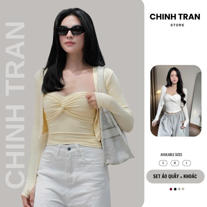 Set Áo Khoác Cardigan Kèm Áo Quây Xoắn Ngực Nữ Tính Nhiều Màu