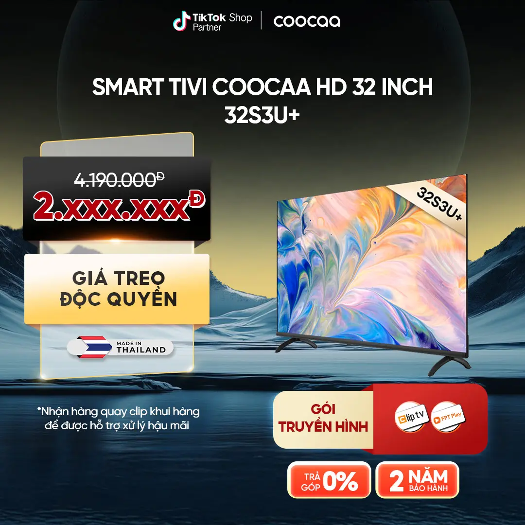 [DEAL SIÊU RẺ - TẶNG GIÁ TREO] Coocaa Smart Tivi HD  32 inch - Model 32S3U+ - RAM 512MB/ROM 4GB- Kết nối Wifi Truy Cập Youtube - Hệ điều hành Coolita - DVB T2 Xem Truyền Hình KTS - Công nghệ Dolby Audio -Không điều khiển giọng nói màn  hình