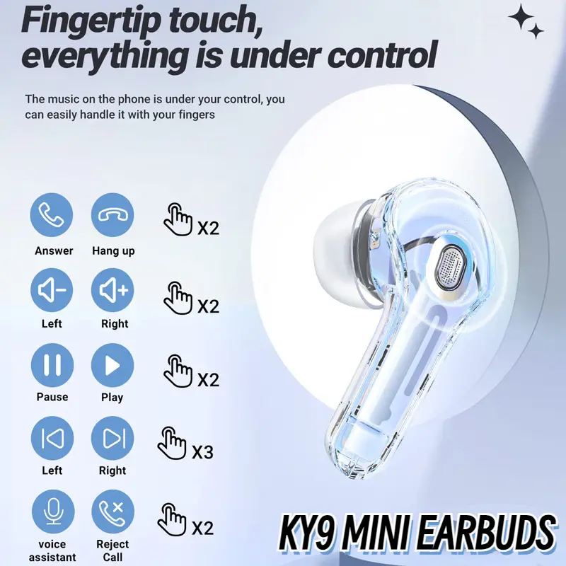 KY9 - tai nghe Bluetooth không dây mini, pha lê 7 màu, thân tròn, rõ ràng, đèn thở mát mẻ với màn hình kỹ thuật số tai  nghe Nhét Tai Nghe Nhạc 5