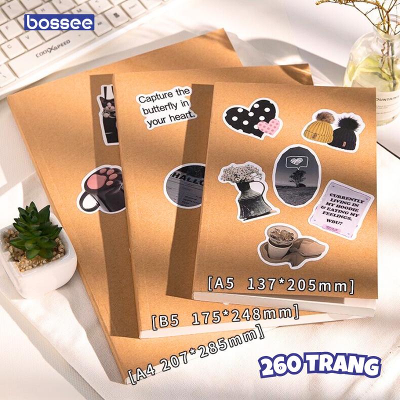 TẶNG STICKER Vở bìa nâu đen tự trang trí 260 trang sổ tay kraf kích thước A5 B5 A4 kẻ ngang ô vuông không dòng kẻ gáy dán thẳng thẩm mỹ vở muji giáo án a4 sổ ohuhu muji planner muji planner