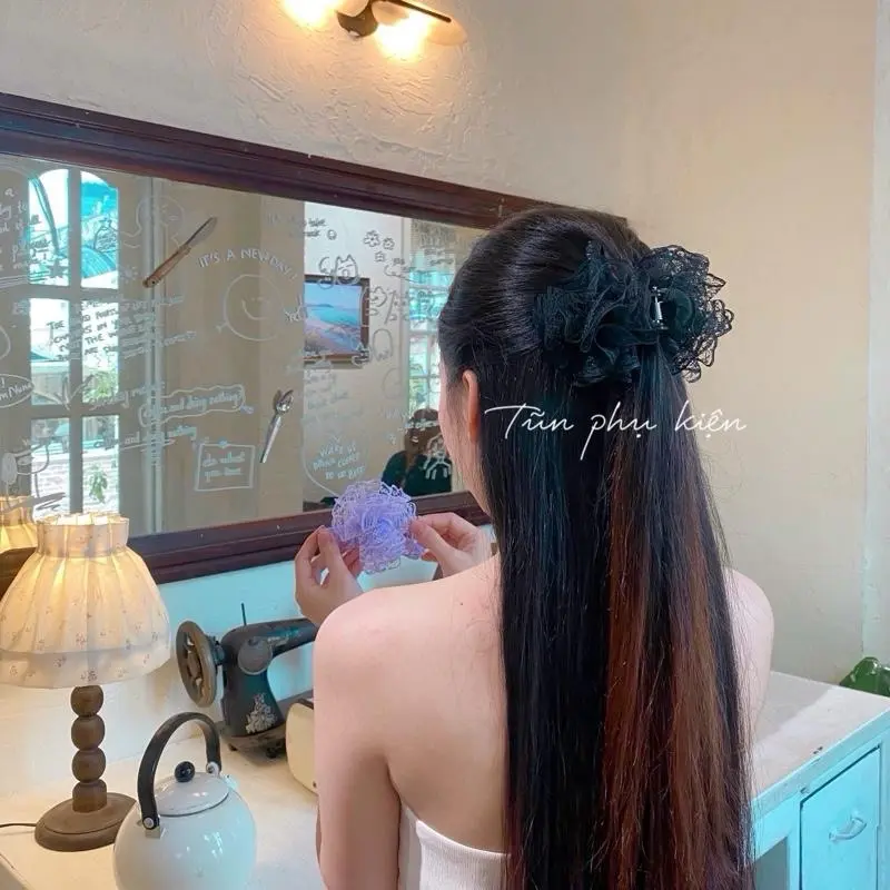 (Kẹp dọc 11-13cm) Kẹp tóc hoa ren bồng bềnh xinh xắn, màu pastel ngọt ngào, đáng yêu - Hàng thiết kế của Tũn 6