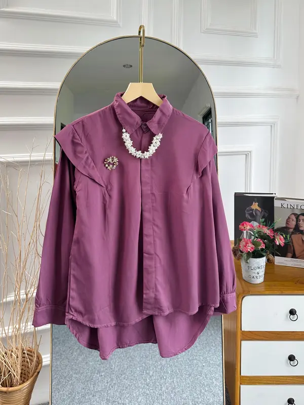 Kimy Blouse Ruffle Rayon Twill Atasan Wanita Lengan Kancing 1