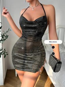 Vestido de tirantes con brillo y abertura en el muslo para mujer, vestido mini elegante con cuello halter y lazo en la espalda para fiestas, clubes o citas, ropa de verano ajustada para mujer